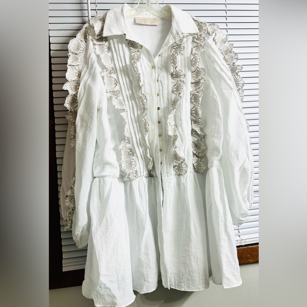 Keepsake the Label White Lace Ruffles Long Puff Sleeves Mini Dress US L-8/UK 12 - Picture 7 of 9